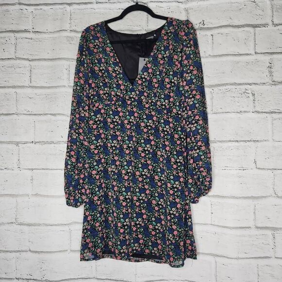 Nasty Gal V-Neck Long-Sleeve Floral Print Mini Dress Multi-Color Size 0 NWT - Picture 1 of 13